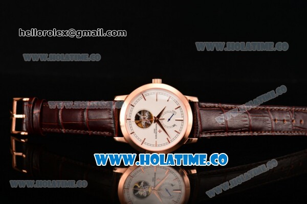 Vacheron Constantin Patrimony Tourbillon Swiss ETA 2824 Automatic Rose Gold Case with Stick Markers Brown Leather Strap and White Dial - Click Image to Close